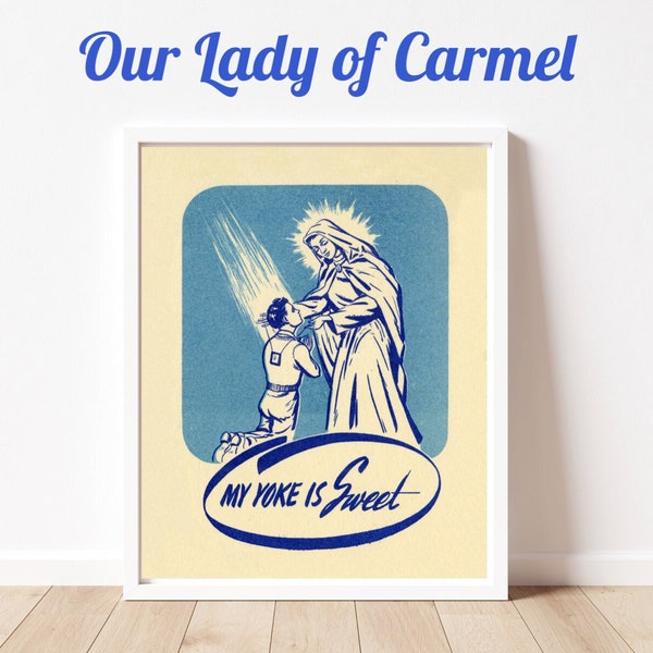 Our Lady of Carmel Wall Art | Catholic Art Print |  Vintage 50s Scapular Mt. Carmel Wall Art