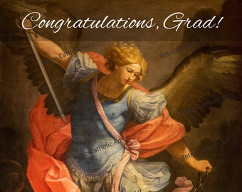 Catholic Graduation Card with St. Michael the Archangel | Vintage Style Catholic Greeting Card | Religious Christian Card for Graduates