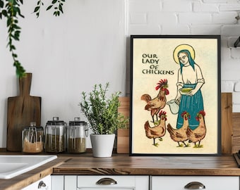 Unsere Liebe Frau von Hühner Vintage Wall Art Print | Vintage katholische Wandkunst | Katholische moderne Bauernhausdekor | Katholische Heimstätte Farm