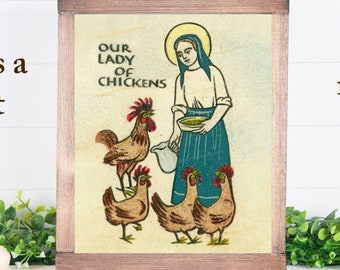 Our Lady of Chickens Vintage Wall Art Print | Catholic Wall Art | Catholic Modern Farmhouse Decor | Virgin Mary Art Print