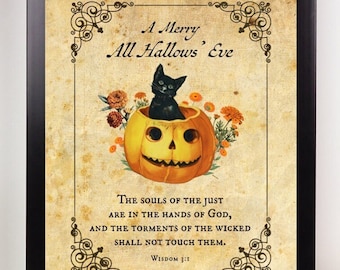 Vintage Halloween-postkaartkunst aan de muur met bijbelversgebed | Vintage katholieke kunstafdruk | Katholieke Halloween-kunst voor Allerzielen