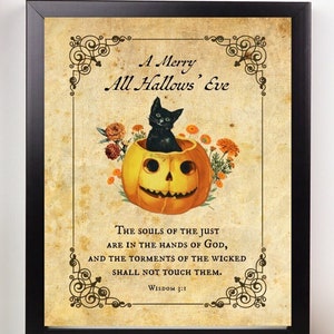 Arte de parede vintage de cartão postal de Halloween com oração em verso da Bíblia | Impressão de arte católica vintage | Arte católica de Halloween para o Dia de Finados