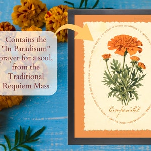 traditional catholic halloween decor,  all souls day decor, vintage marigold wall art for christian halloween with all souls day prayer, cempasuchil flor de muertos para dia de los muertos altar