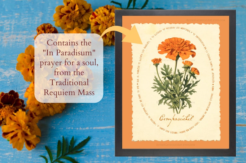 traditional catholic halloween decor,  all souls day decor, vintage marigold wall art for christian halloween with all souls day prayer, cempasuchil flor de muertos para dia de los muertos altar