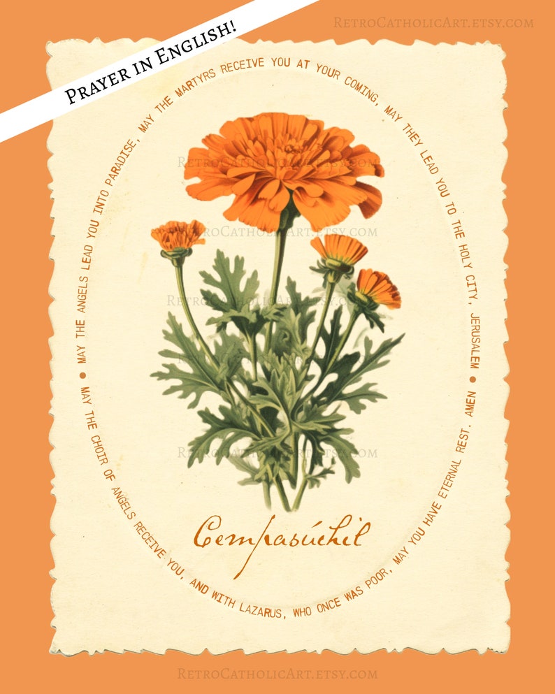 traditional catholic halloween decor,  all souls day decor, vintage marigold wall art for christian halloween with all souls day prayer, cempasuchil flor de muertos para dia de los muertos altar