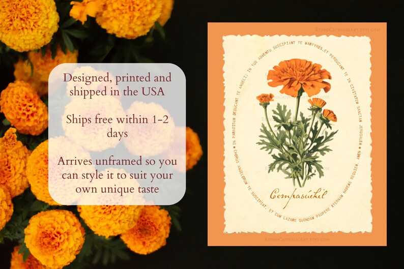 traditional catholic halloween decor,  all souls day decor, vintage marigold wall art for christian halloween with all souls day prayer, cempasuchil flor de muertos para dia de los muertos altar