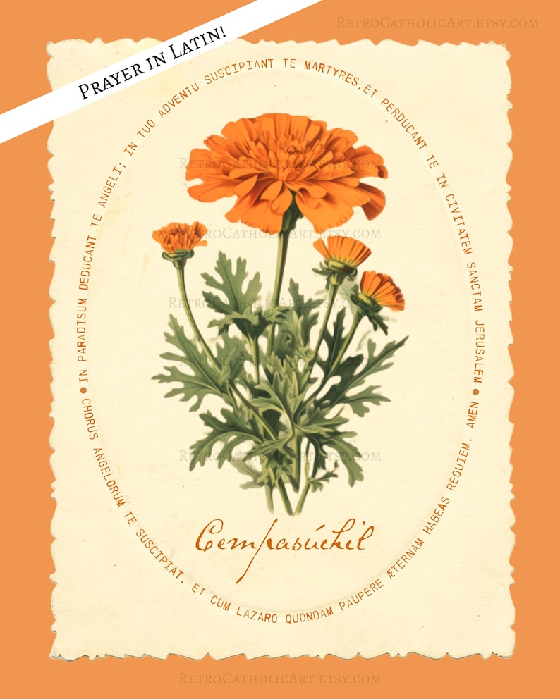 traditional catholic halloween decor,  all souls day decor, vintage marigold wall art for christian halloween with all souls day prayer, cempasuchil flor de muertos para dia de los muertos altar