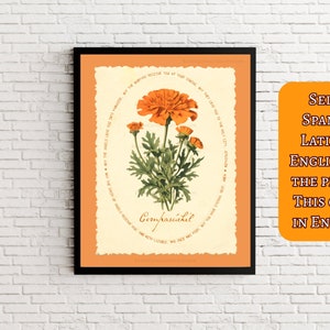 traditional catholic halloween decor,  all souls day decor, vintage marigold wall art for christian halloween with all souls day prayer, cempasuchil flor de muertos para dia de los muertos altar