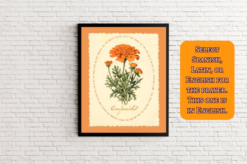 traditional catholic halloween decor,  all souls day decor, vintage marigold wall art for christian halloween with all souls day prayer, cempasuchil flor de muertos para dia de los muertos altar