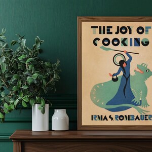Framed vintage-style print inspired by original Joy of Cooking cover against a green background