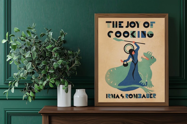 Framed vintage-style print inspired by original Joy of Cooking cover against a green background