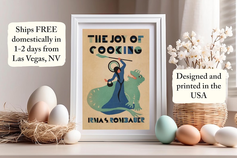 Ships free in 1-2 days. Printed in the USA. Silhouette illustration of St. Martha with mop and dragon in bold Art Deco style