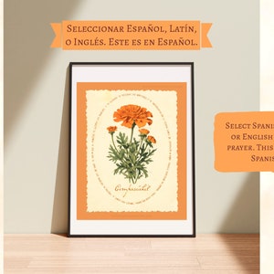 traditional catholic halloween decor,  all souls day decor, vintage marigold wall art for christian halloween with all souls day prayer, cempasuchil flor de muertos para dia de los muertos altar