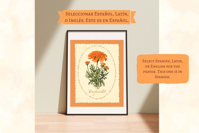 traditional catholic halloween decor,  all souls day decor, vintage marigold wall art for christian halloween with all souls day prayer, cempasuchil flor de muertos para dia de los muertos altar
