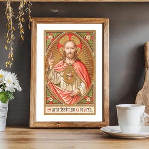 Sacré-cœur vintage de Jésus | impression d'art catholique vintage | Carte sacrée du Sacré-Cœur de style rétro vintage pour cadeau, autel domestique