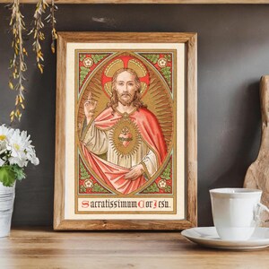 Impressão vintage do Sagrado Coração de Jesus | Impressão de arte católica vintage | Cartão sagrado do Sagrado Coração em estilo vintage retrô para presente, altar doméstico