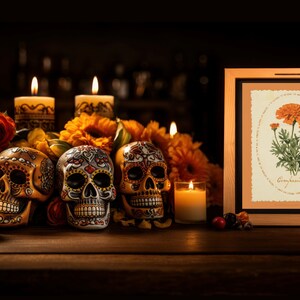 traditional catholic halloween decor,  all souls day decor, vintage marigold wall art for christian halloween with all souls day prayer, cempasuchil flor de muertos para dia de los muertos altar