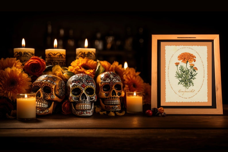 traditional catholic halloween decor,  all souls day decor, vintage marigold wall art for christian halloween with all souls day prayer, cempasuchil flor de muertos para dia de los muertos altar