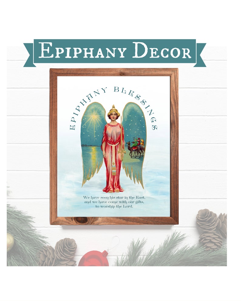 Vintage Epiphany Christmas Wall Art Mantle Decor Angel with Wings showing three wise men and star of bethlehem