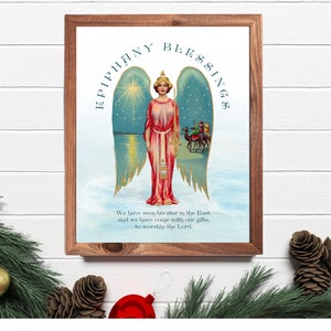 Vintage Epiphany Christmas Wall Art Mantle Decor Angel with Wings showing three wise men and star of bethlehem