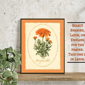 traditional catholic halloween decor,  all souls day decor, vintage marigold wall art for christian halloween with all souls day prayer, cempasuchil flor de muertos para dia de los muertos altar