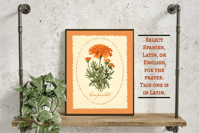 traditional catholic halloween decor,  all souls day decor, vintage marigold wall art for christian halloween with all souls day prayer, cempasuchil flor de muertos para dia de los muertos altar