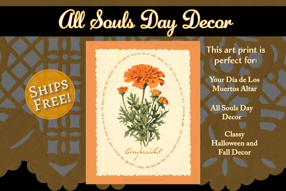 Vintage Marigold Dia de Los Muertos Wall Art | Vintage Catholic Art Print | All Saints and All Souls Day Prayer for the Dead