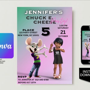 Toon-Avatar-Geburtstags-Party-Einladung - Digital 3d toon birthday Chuck E Cheese girl 02c