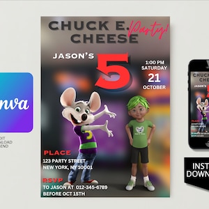 Invitación a la fiesta de cumpleaños de Toon Boy - Cumpleaños digital de toon en 3D Chuck E Cheese