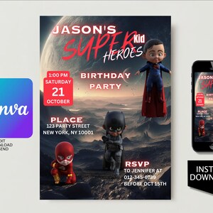 Super Birthday Party Invitation - Digital super kid heroes
