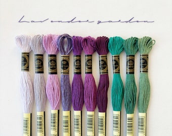 Six Strand Embroidery Threads, Lavender garden 10 Skeins Floss, Palette Colour Pack, Use DMC Code, 100% Cotton Floss