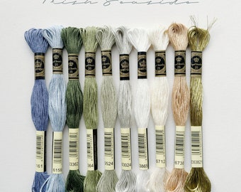 Six Strand Embroidery Threads, Irish seaside 10 Skeins Floss, Palette Colour Pack, Use DMC Code, 100% Cotton Floss, Embroidery for Beginners