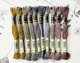 Six Strand Embroidery Threads, Vintage coat 10 Skeins Floss, Palette Colour Pack, Use DMC Code, 100% Cotton Floss, Embroidery for Beginners