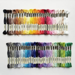 May include: A collection of 60 embroidery floss spools arranged in two rows. The top row features shades of red, orange, yellow, green, blue, purple, pink, and white. The bottom row features shades of grey, blue, purple, green, and brown.