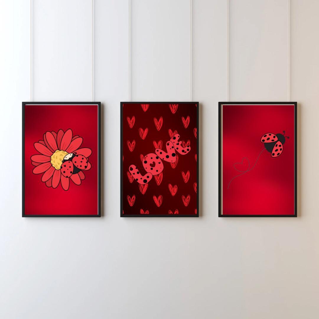 Ladybug Nursery Wall Art Set of 3, Red Ladybug Baby Room Decor, Cute ...