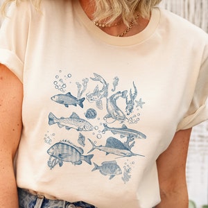 Tattoo Style Sea Animals Shirt, Vintage 90s Marine Life Tee, Ocean Lover Shirt, Whale Turtle Dolphin Graphic Tee, Retro Nature Shirt