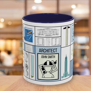 May include: White ceramic mug with a blue rim. The mug has a design of architectural elements, including a compass, ruler, and building plans. The text "ARCHITECT" and "JOHN SMITH" is printed on the mug.
