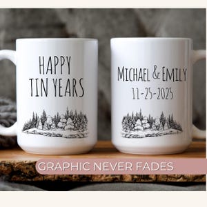 Personalisierter Jubiläumsbecher, Hochzeitsgeschenk für Paare, benutzerdefinierte Lagerfeuerbecher, glückliche Zinnjahre, rustikale Keramik- oder Emaillebecher