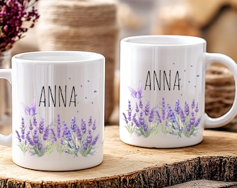 Custom Name Floral Mug Personalized Lavender Mug Butterfly Coffee Cup Gift for Her Aesthetic Flower Mug Custom Name Gift Cute Mug