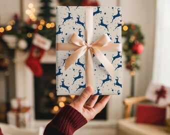 Vintage Reindeer Wrapping Paper Roll, Blue Deer Gift Wrap for Christmas, Holiday Gift Packaging, Rustic Winter Gift Wrap Sheets