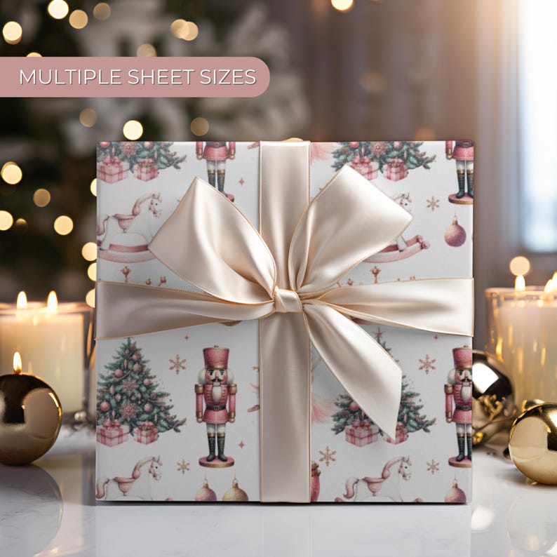Elegant nutcracker-themed Christmas wrapping paper featuring ballerinas, crowns, trees, and ornaments in a festive, vintage style.