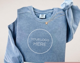 Sudadera vaquera Comfort Colors® con logotipo personalizado, cuello redondo empresarial personalizado, ropa de marca personalizada, camisa para personal de empresa, su logotipo en el frente
