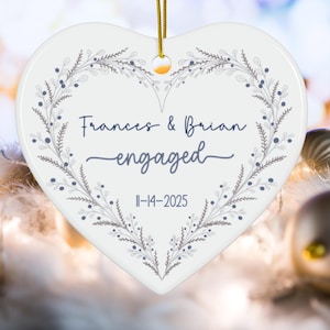 Custom Engagement Ornament, First Christmas Engaged Gift For Couple, Personalized Heart Keepsake With Names And Date, Bridal Shower Gift