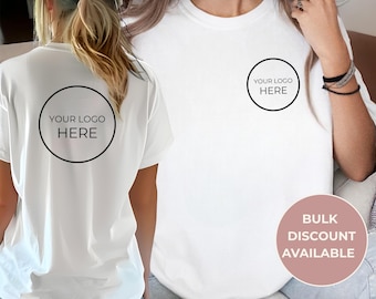 Camiseta con logo personalizado, estampado frontal y trasero, camiseta de empresa personalizada, pedido al por mayor, camiseta de marca personalizada, merchandising para pequeñas empresas, regalo