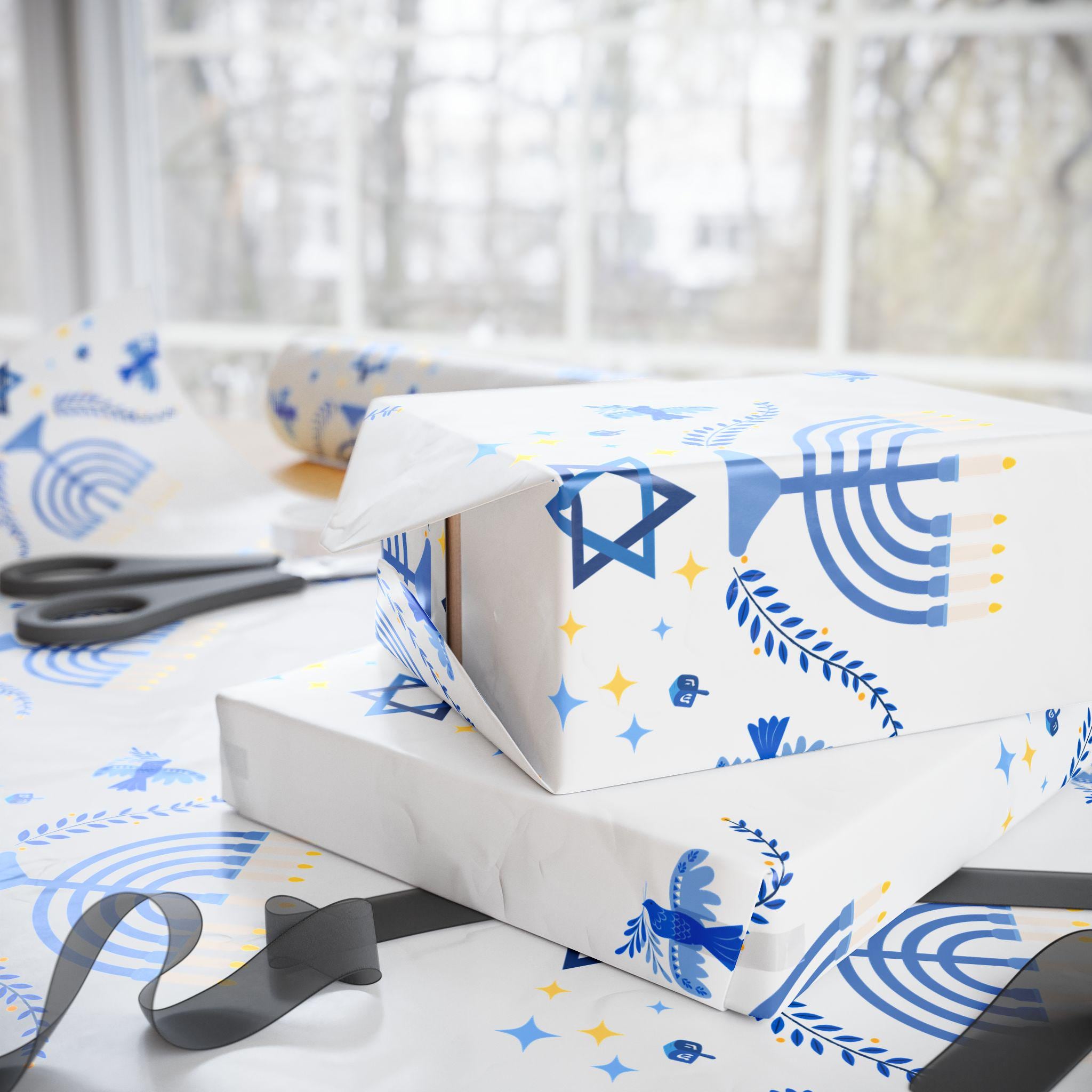thumbnail interactive-video image 1 of 12 Sheets Hanukkah Wrapping Paper Decorations Not Roll Menorahs 1 of 14