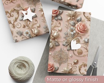 Romantic Gothic Wrapping Paper, Victorian Roses Gift Wrap, Elegant Vintage Floral, Custom Wedding Wrap, Valentine Gift Idea