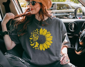 Camiseta con estampado de girasol y mariposa: camiseta de algodón de moda para primavera