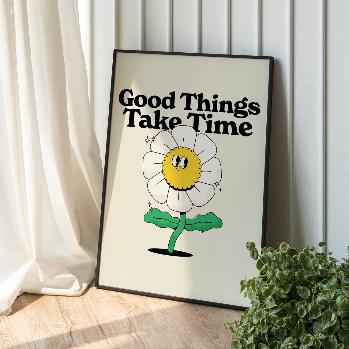 Good Things Retro Quote Wall Print, Flower Character, Digital Print ...