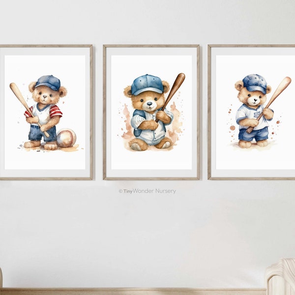 Teddy Bear Playing Sports Wall Art, Baseball Bear Nursery Decor, Set of 3 Printable Poster, Digital Download, Gift for Her, Sports Lover