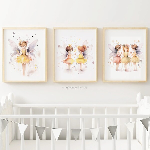 Ballerina Wall Art, Set of 3 Yellow Fairy Posters, Instant Digital Download Prints, Baby Girl Nursery Decor, Gift for Her, Ballet Dancer Art